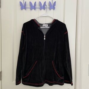 Vintage Beaux Art‎ women’s soft black velvet red accent zip up hoodie sweatshirt